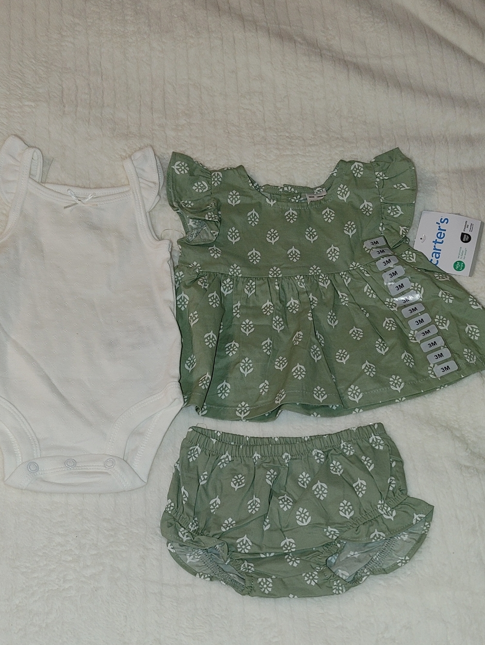 3 PC Set Carter's Green Floral Top, Bloomer & White Bodysuit Set